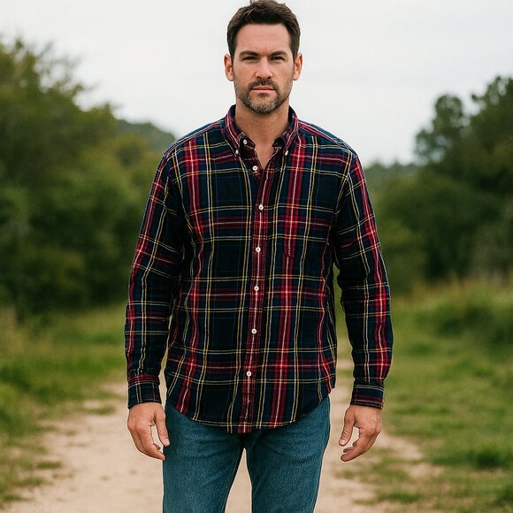 IZOD Luxury Sport Men L Multicolor Button Down Plaid Long Sleeve Work Barn Shirt - Picture 1 of 8